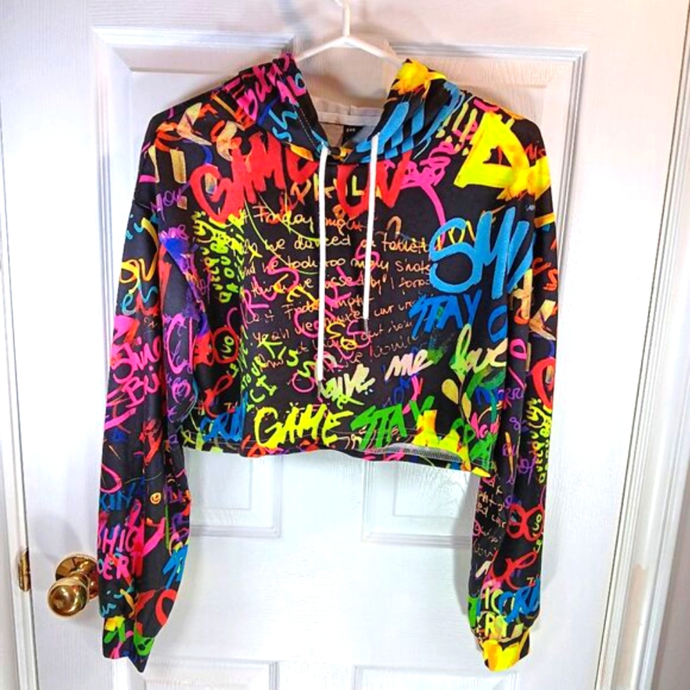 NWOT Shein Graffiti Print Cropped Hoodie Multicolor Neon Streetwear Crop Top S